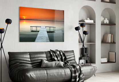 Orange Sunset Lake Swim Platform Glass Wall Art