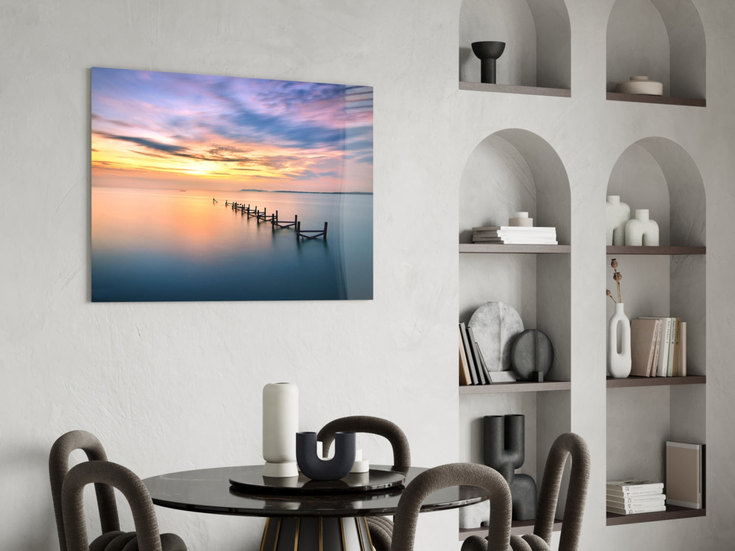 Purple Dusk Pier Posts Glass Wall Art