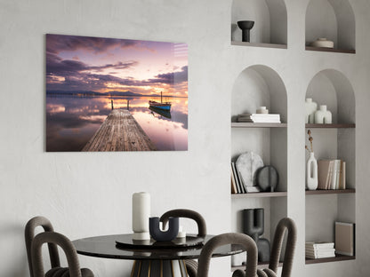 Violet Sunset Lone Boat Jetty Glass Wall Art