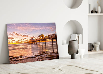 Golden Hour Fishing Pier Pavilion Glass Wall Art