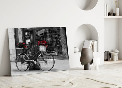 Red Flower Basket Bicycle Shopfront Glass Wall Art