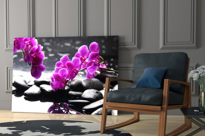 Pink Orchid Branch Zen Stones Glass Wall Art