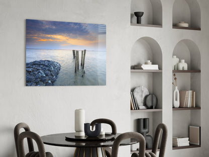 Breakwater Rocks Posts Sunset Glass Wall Art
