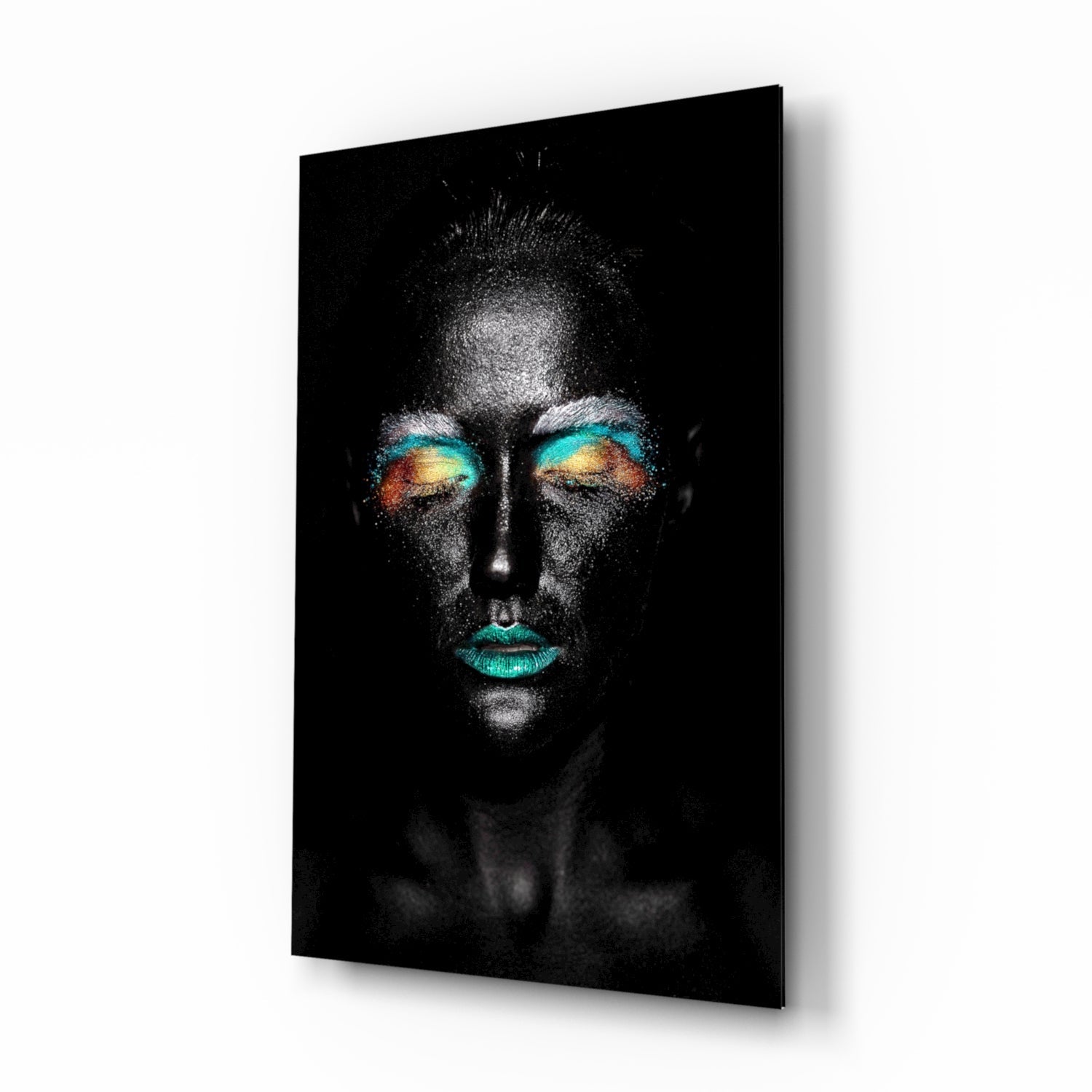 Teal Orange Eyeshadow Woman Glass Wall Art