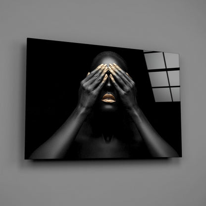 Gold Nails Covered Eyes Woman Glass Wall Art