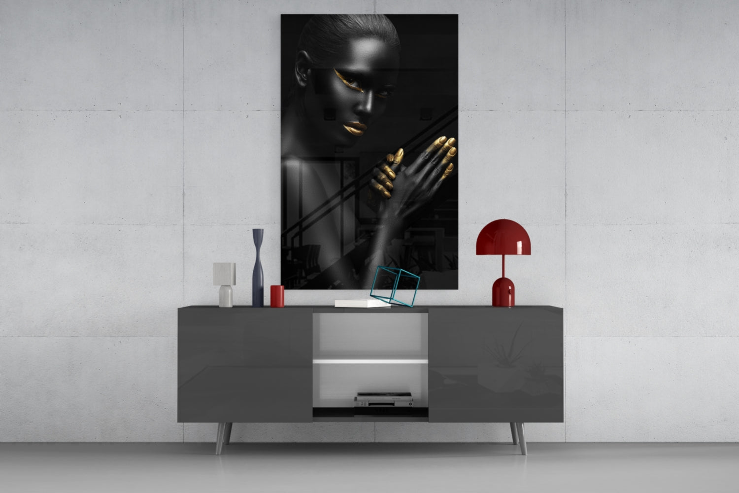 Gold Lips Praying Hands Woman Glass Wall Art