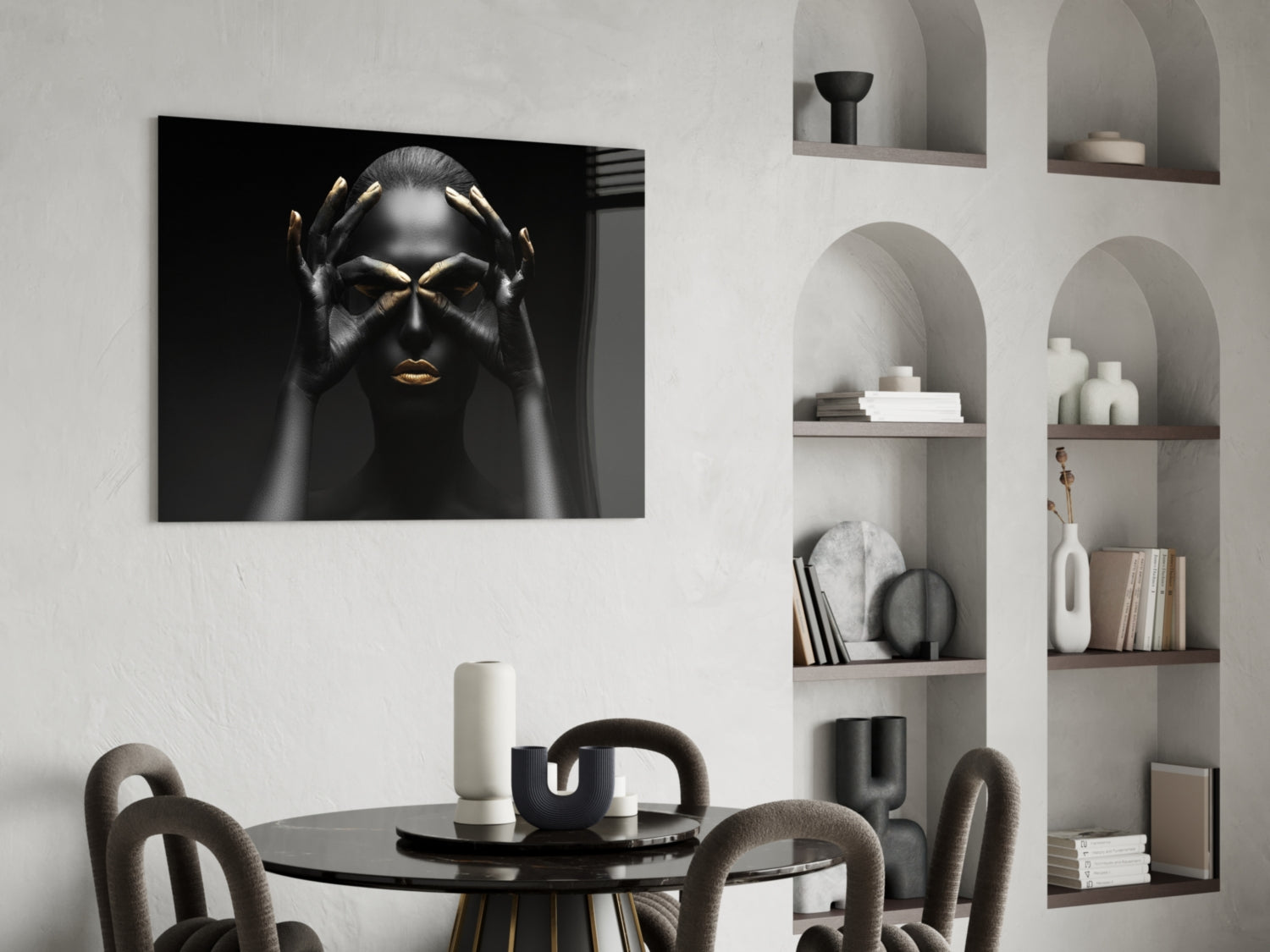 Gold Fingertips Over Eyes Woman Glass Wall Art