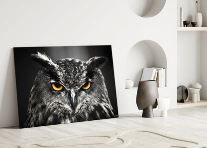 Horned Owl Orange Eyes Glass Wall Art
