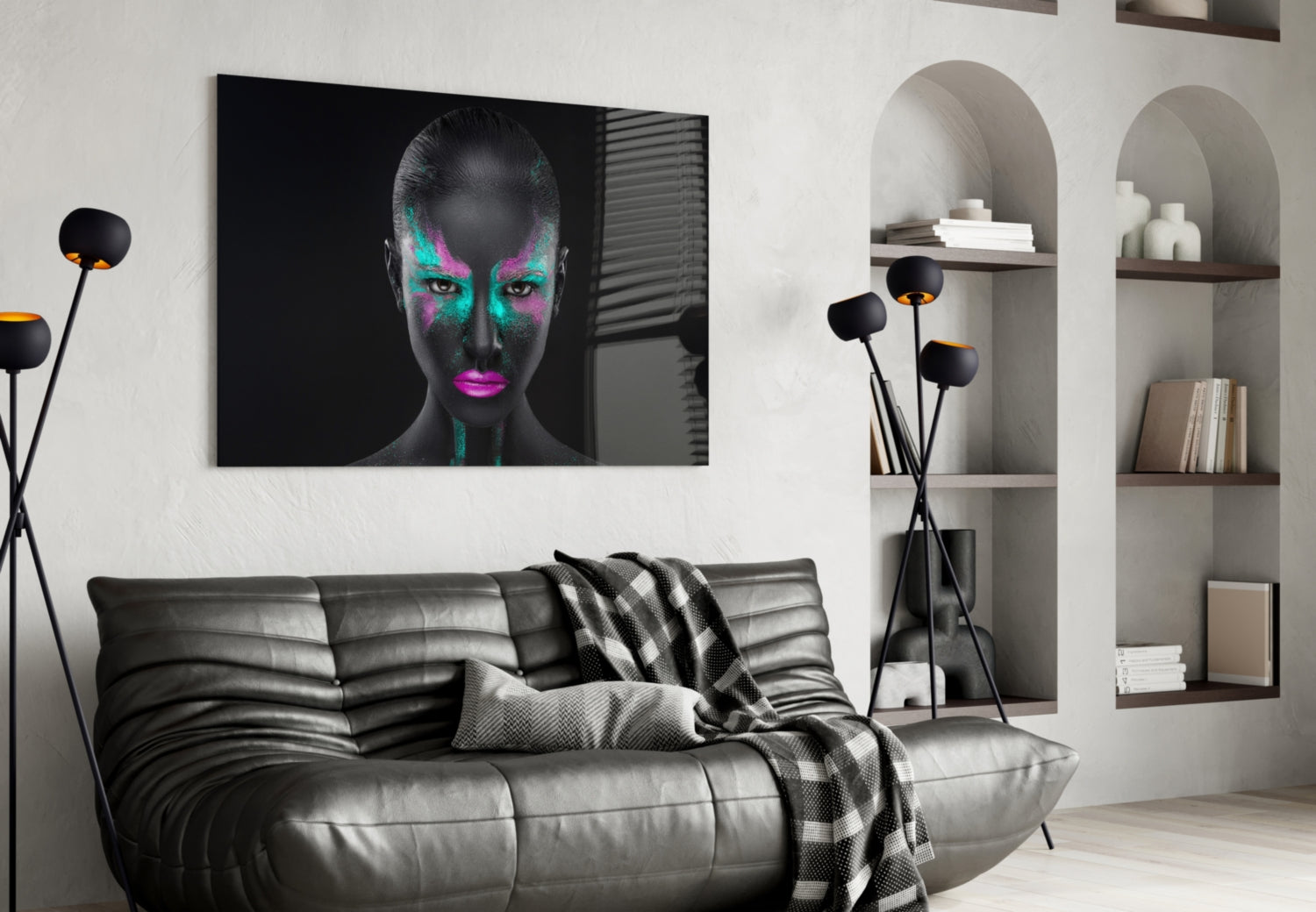 Magenta Teal Powder Face Woman Glass Wall Art