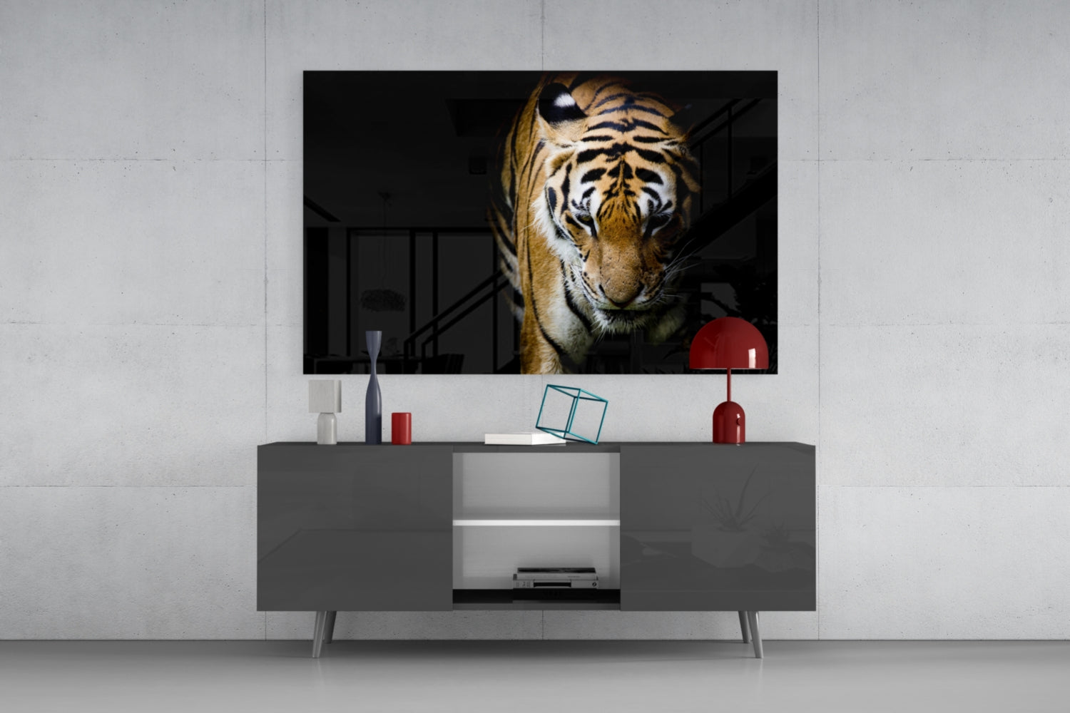 Stalking Tiger in Shadows Glass Wall Art