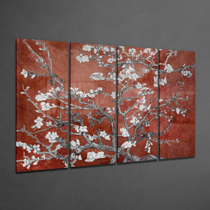 Terracotta Red Sakura Blossom Branches 4 Pieces Mega Glass Wall Art
