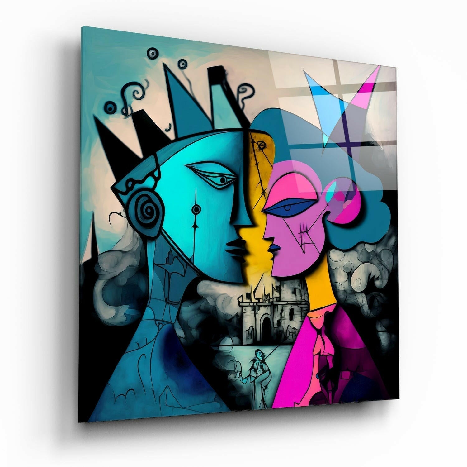 Crowned Cubist Profiles Castle Glass Wall Art