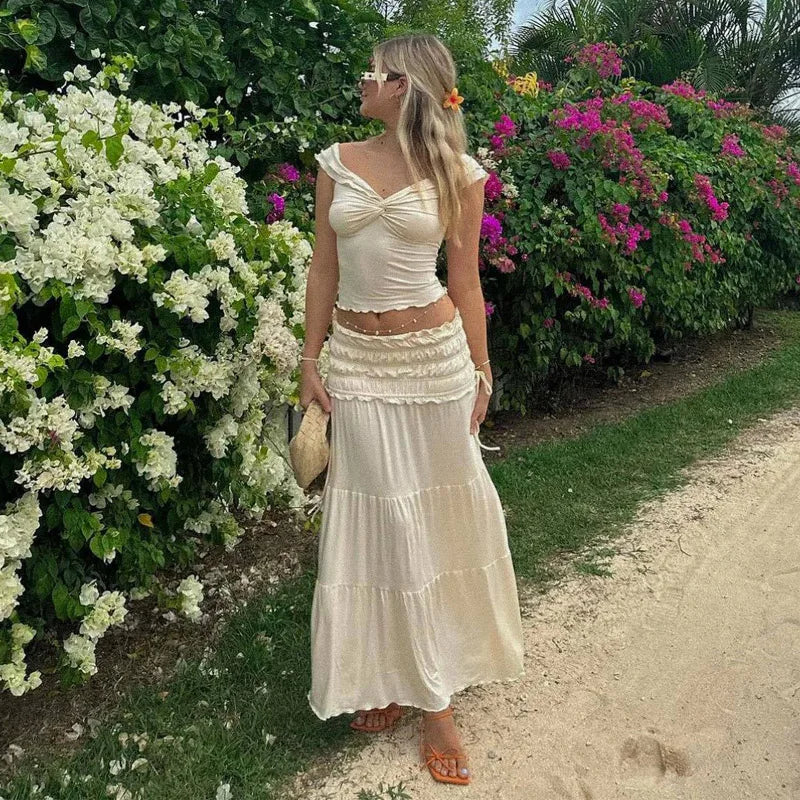 2 Piece Set Women Vacation Ruffle Beach Holiday Outfits