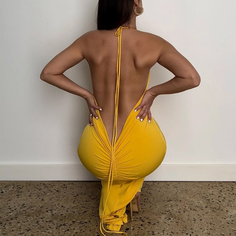 Halter Bandage Sleeveless Backless Shirring Draped Maxi Dress Sexy Streetwear