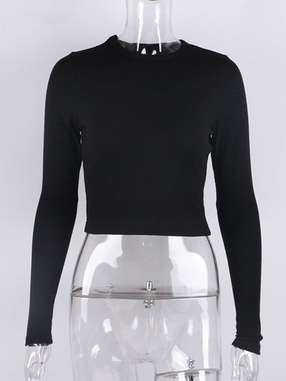 O Neck Long Sleeve Shirt Women Ribbed Sexy Cropped Tops Casual Skinny T Shirts White