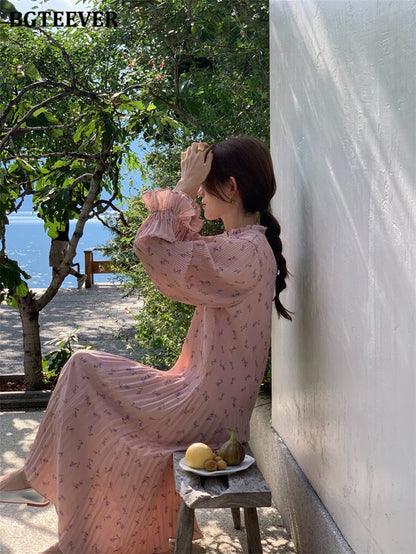 Spring Summer Flare Sleeve Loose Female Pleated Dress vestidos