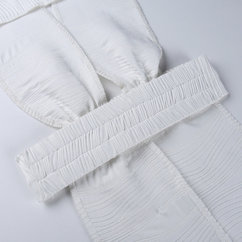 White Deep V-neck Halter Bandage 2 Pieces Sets Sleeveless Backless Suits Outfits with Shorts