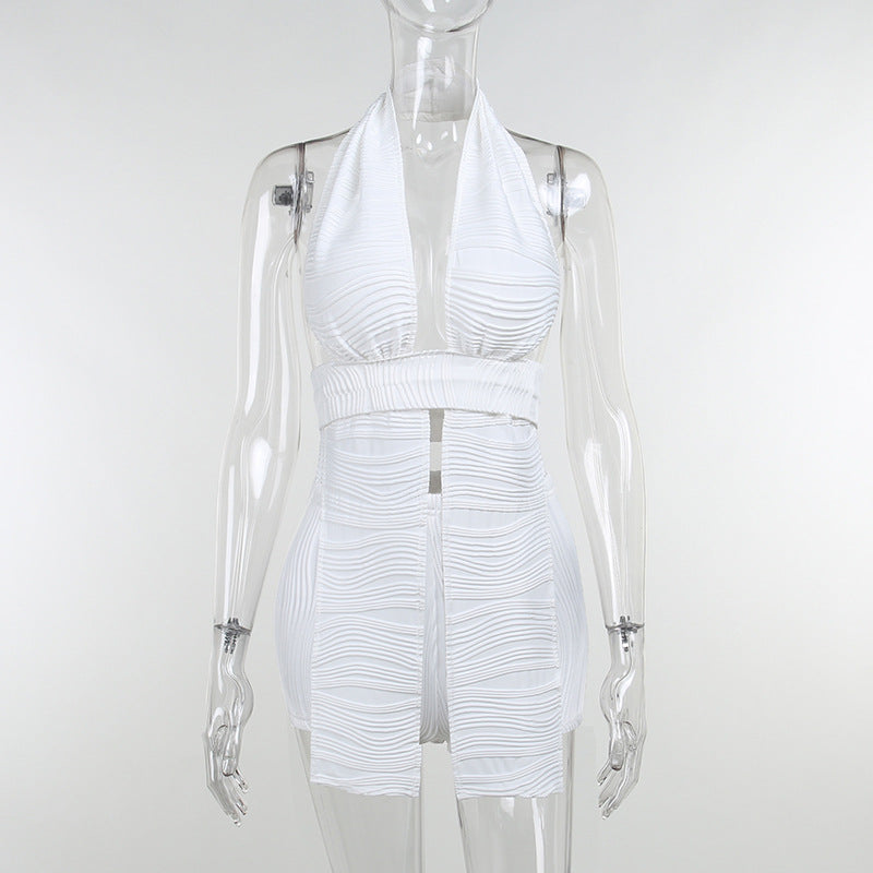White Deep V-neck Halter Bandage 2 Pieces Sets Sleeveless Backless Suits Outfits with Shorts