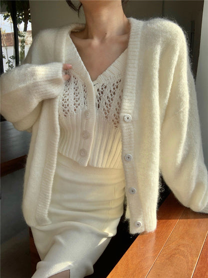 Women Hollow Sweater Cardigan Outerwear V Neck Button Knitted Tops Jackets