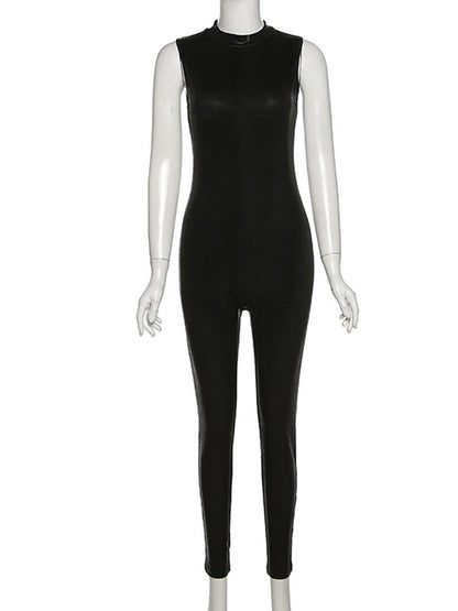 PU Leather Sleeveless Turtleneck Zipper Women Jumpsuit 2022 Casual Street Style Sports Fitness