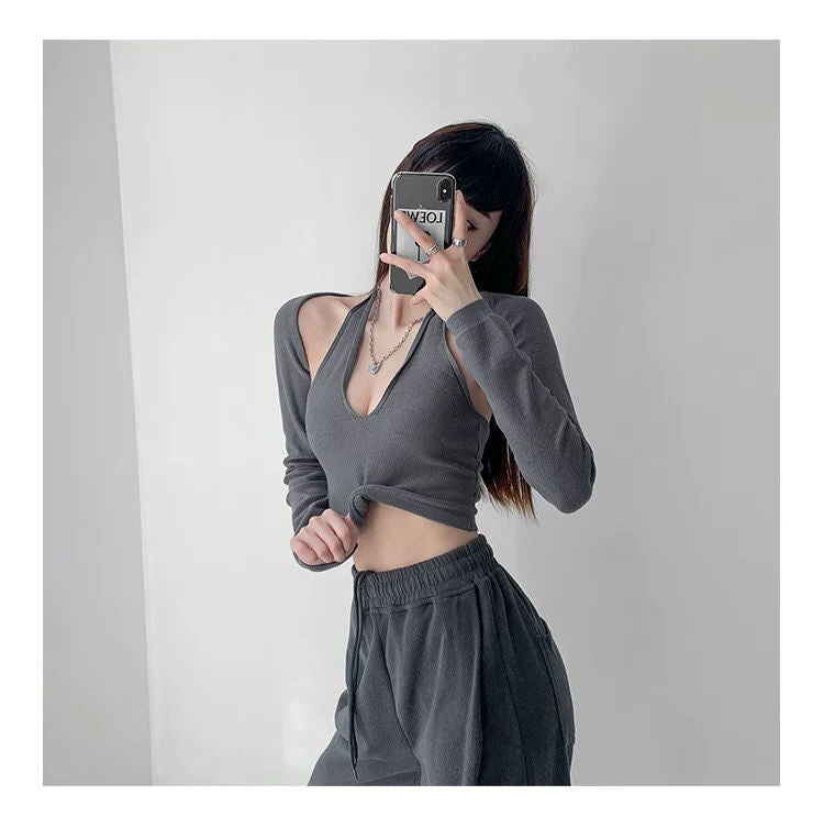Y2K T-shirt Two Piece Women Long Sleeve Smock+Knitted Halterneck Camis Skinny Cropped Tops Woman