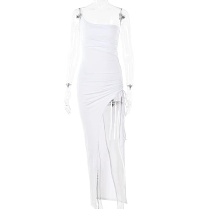 Drawstring High Slit Shoulder Slim Elastic Maxi Bodycon Dress