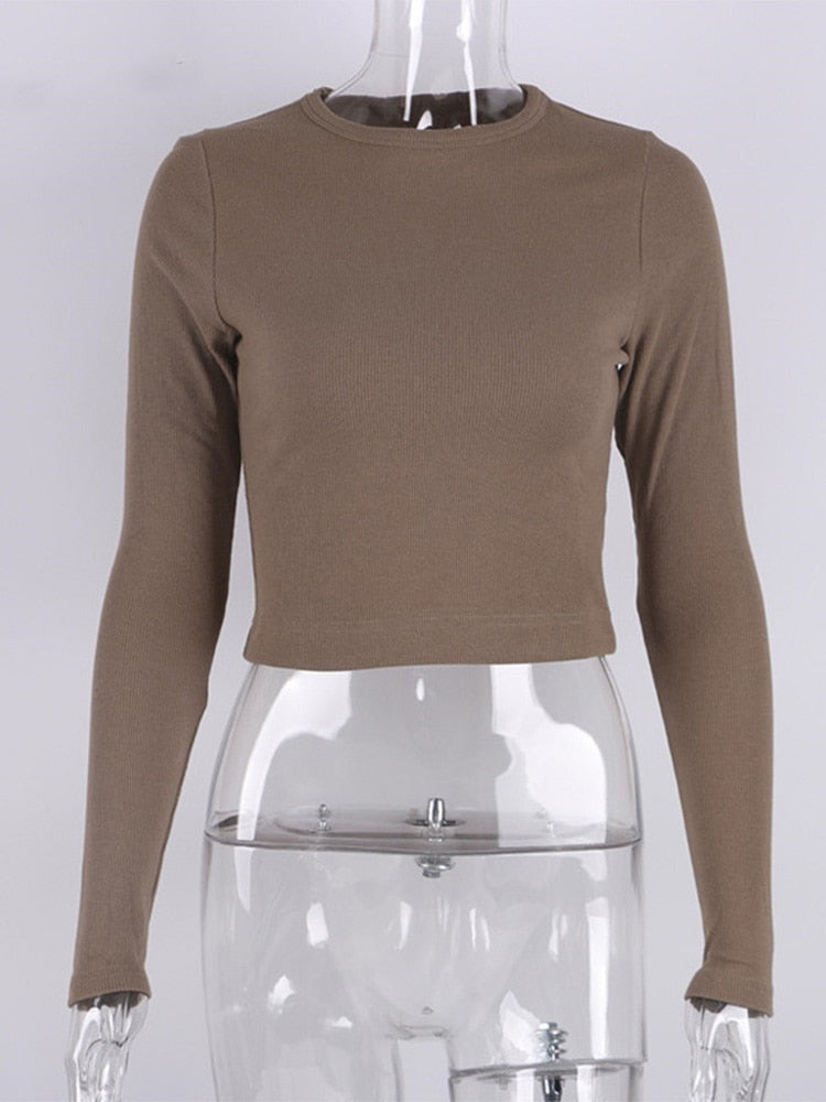 O Neck Long Sleeve Shirt Women Ribbed Sexy Cropped Tops Casual Skinny T Shirts White