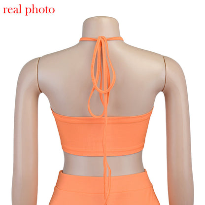 Cryptographic Bandage Cut Out Sexy Halter Neck Top and Skirts Set Gathered Elegant
