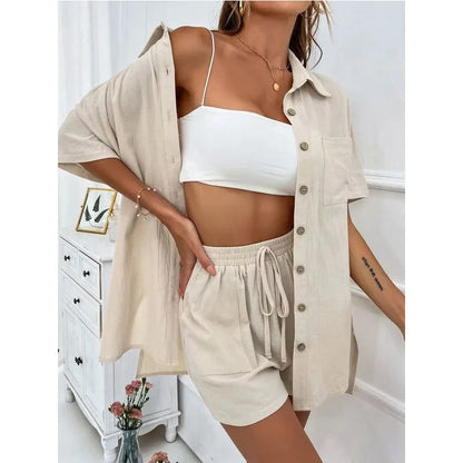 Solid Color Casual Loose Short Pants Sets For Women