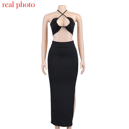 Cryptographic Bandage Cut Out Sexy Halter Neck Top and Skirts Set Gathered Elegant