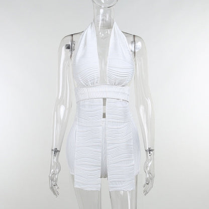 White Deep V-neck Halter Bandage 2 Pieces Sets Sleeveless Backless Suits Outfits with Shorts
