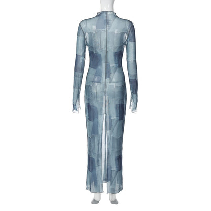 Mesh O Neck Long Flare Sleeve Print Slit Vintage Sexy Bodycon Maxi Dress