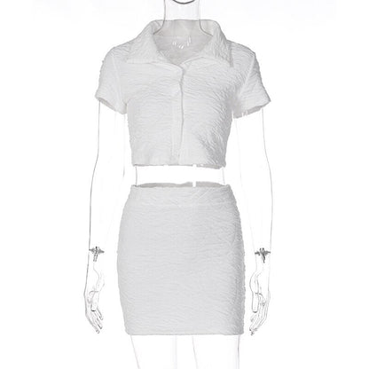 2 Piece Set Short Sleeve Crop Top Shirts Blouse Mini Skirt Suit
