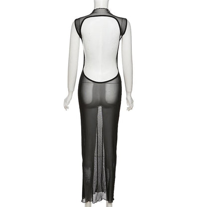 Mesh O Neck Long Sleeves Backless Lace Up See Through Sexy Bodycon Maxi Dress