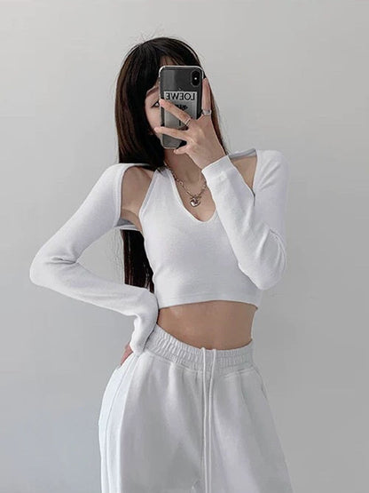Y2K T-shirt Two Piece Women Long Sleeve Smock+Knitted Halterneck Camis Skinny Cropped Tops Woman