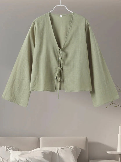 Cotton Linen Lace Up Bow Shirts Women Loose Hollow Out V Neck Long Sleeve Tops