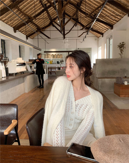 Women Hollow Sweater Cardigan Outerwear V Neck Button Knitted Tops Jackets