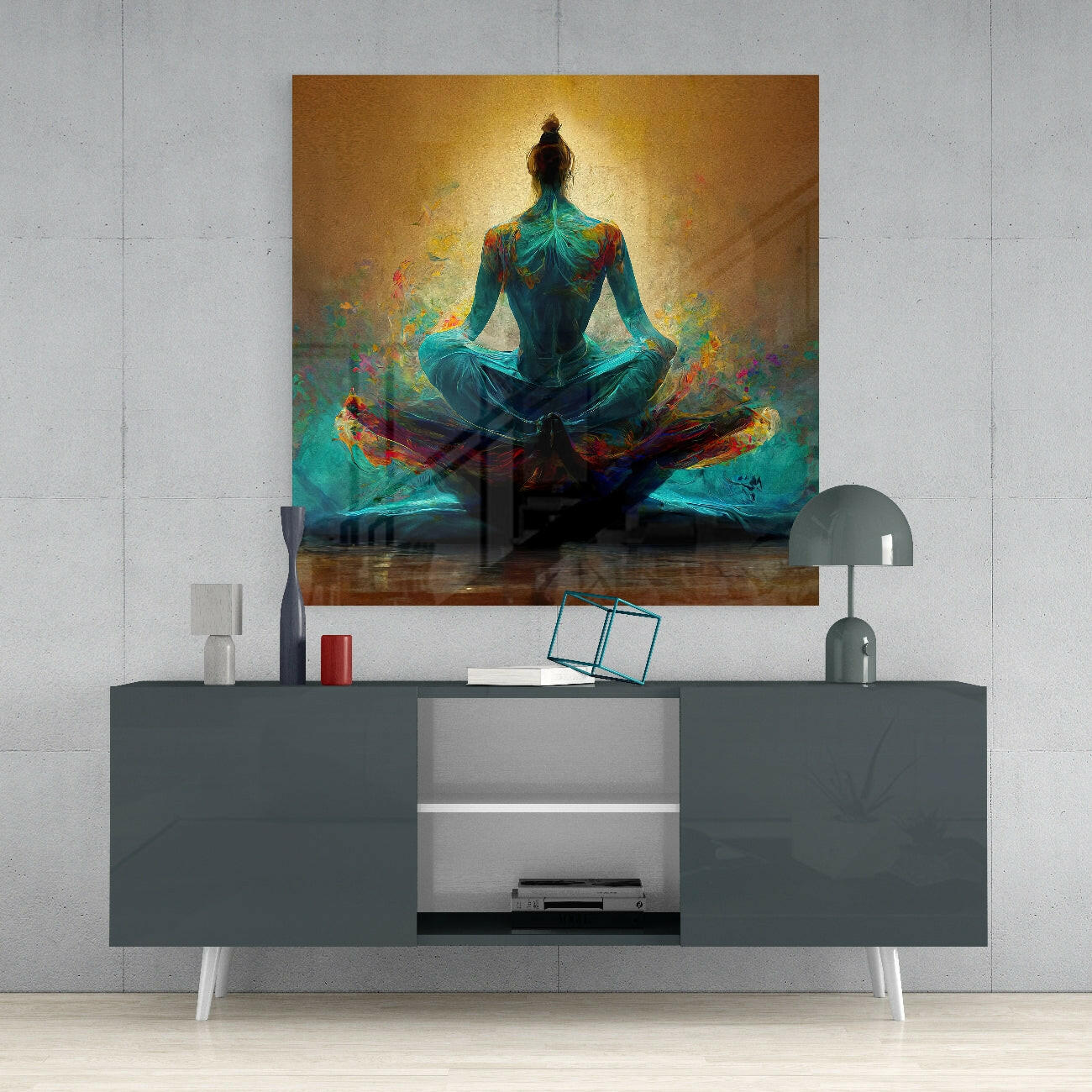Turquoise Lotus Meditation On Gold Glass Wall Art