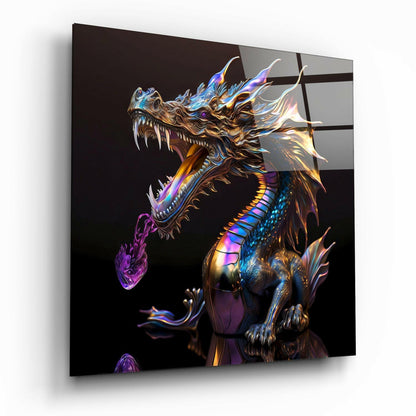 Chrome Dragon Breathing Purple Flame Glass Wall Art