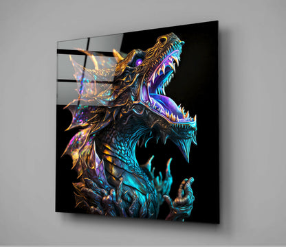 Iridescent Teal Roaring Dragon on Black Glass Wall Art