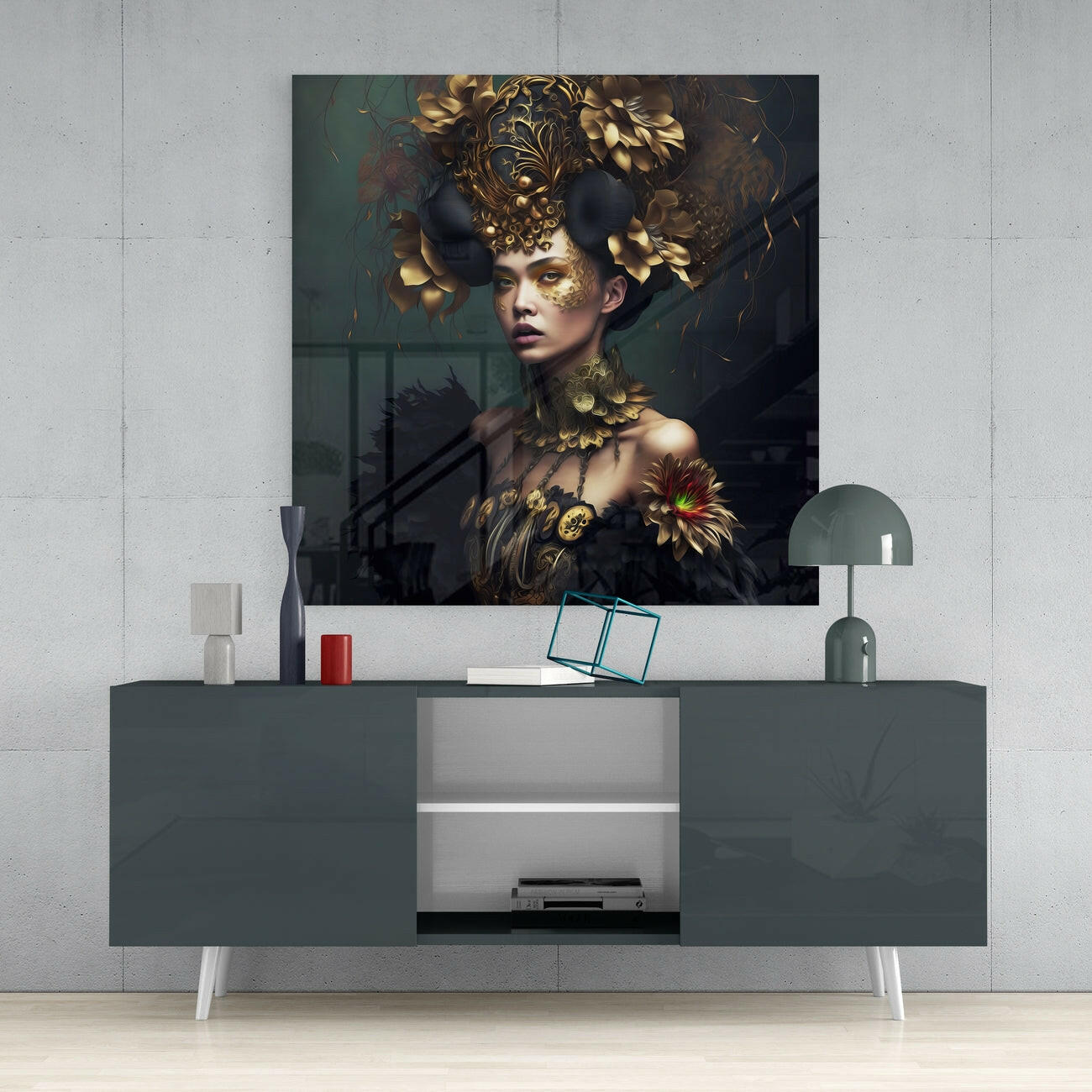 Gold Horned Headdress Emerald Lady Glass Wall Art