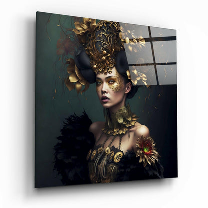 Gold Horned Headdress Emerald Lady Glass Wall Art