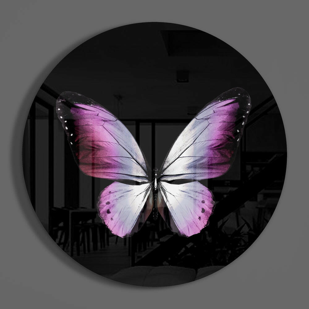Pink Butterfly on Black Glass Wall Art