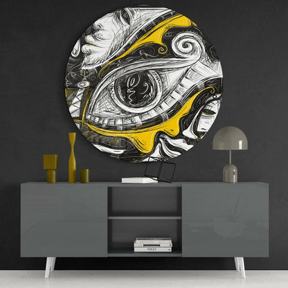Round Yellow And Black Sketch Eye Glass Wall Art