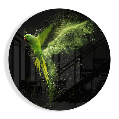 Round Flying Parakeet Green Dust Glass Wall Art