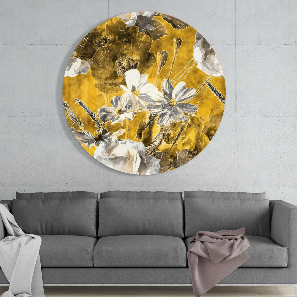 Mustard Gold and Gray Poppy Field Glass Wall Art