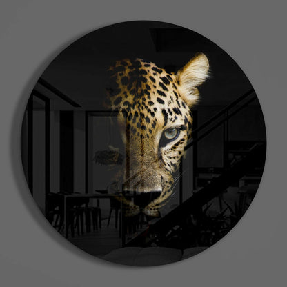 Half Lit Golden Leopard Glass Wall Art