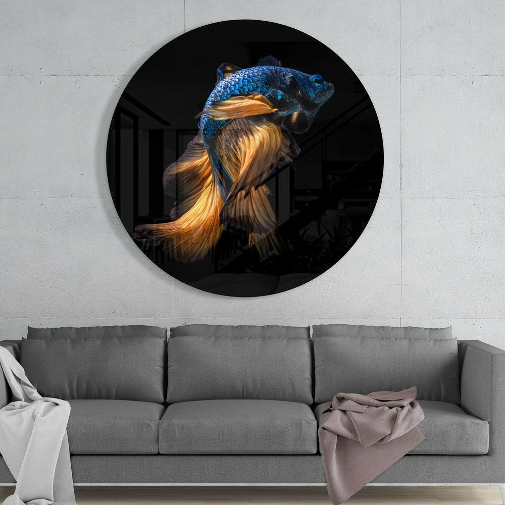 Golden Tail Blue Betta Fish Glass Wall Art