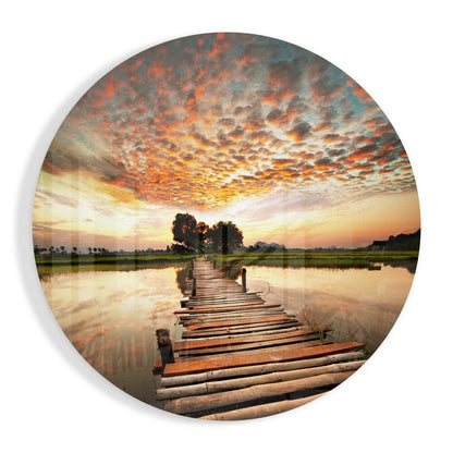 Rustic Log Bridge Rice Paddy Glass Wall Art