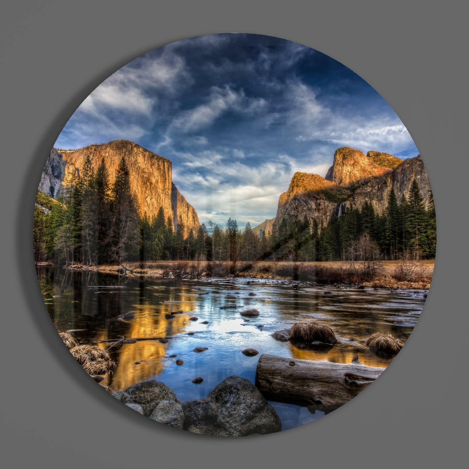 Golden Cliffs Reflected in River Valley Glass Wall Art